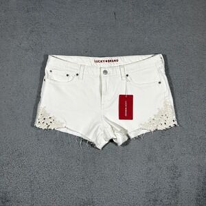 NWT Lucky Brand Womens White Embroidered Denim Shorts Size 14/32 #1936